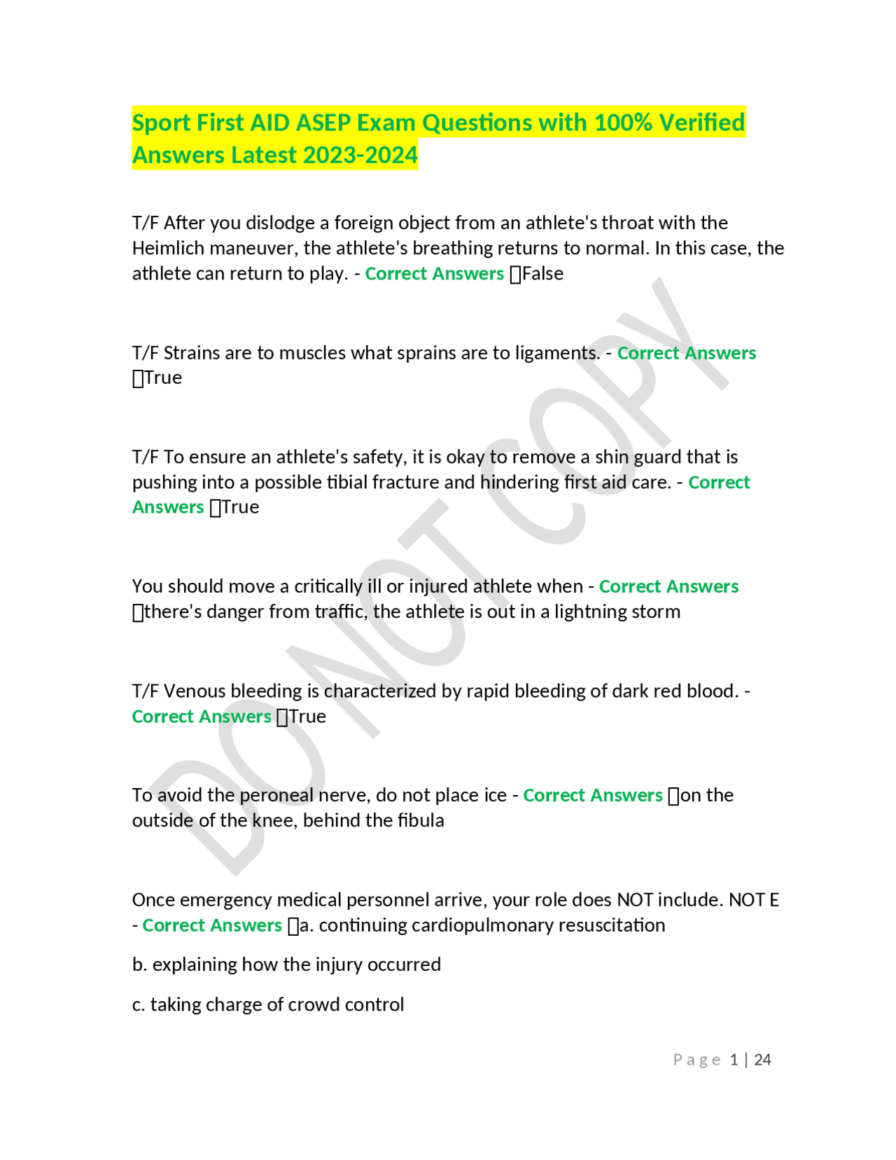 Sport First AID ASEP Exam Questions with 100 Verified Answers Latest