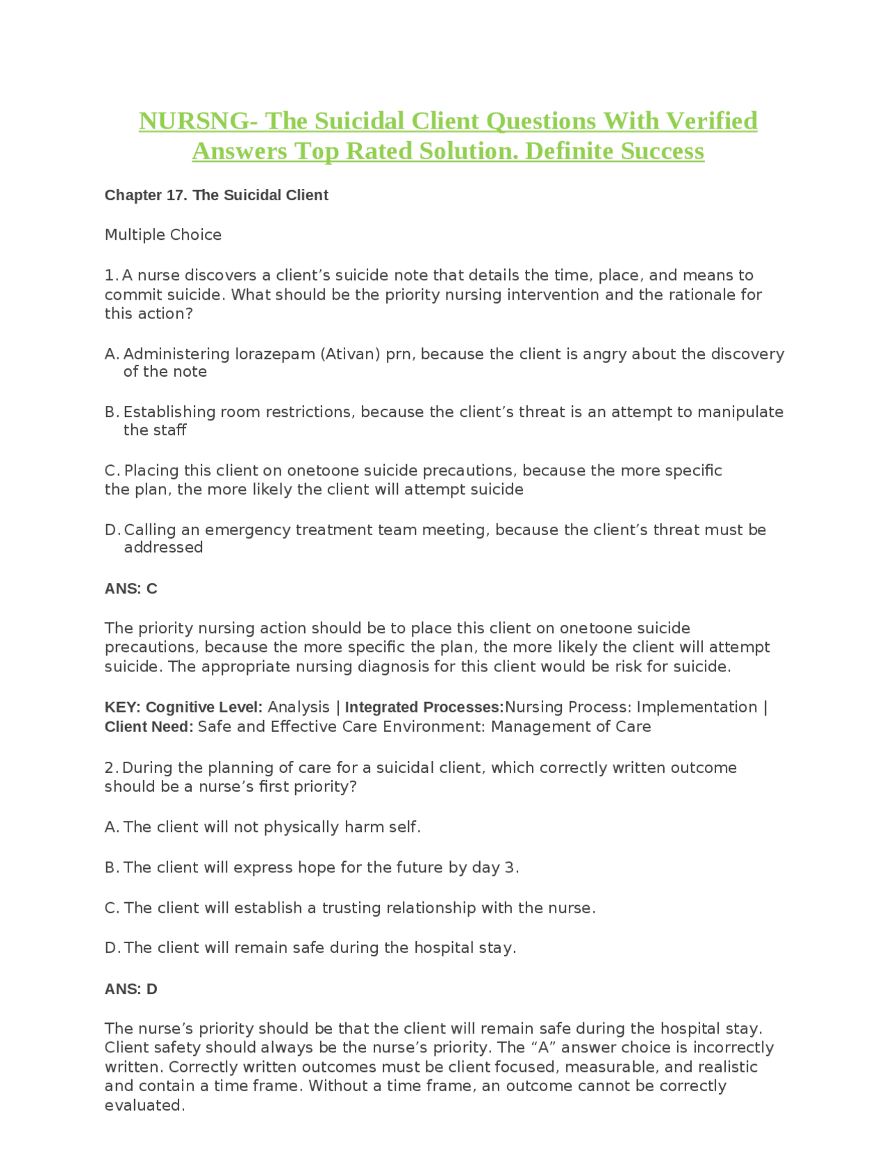 Nursing: The Suicidal Client Questions With Verified Answers | Exams ...