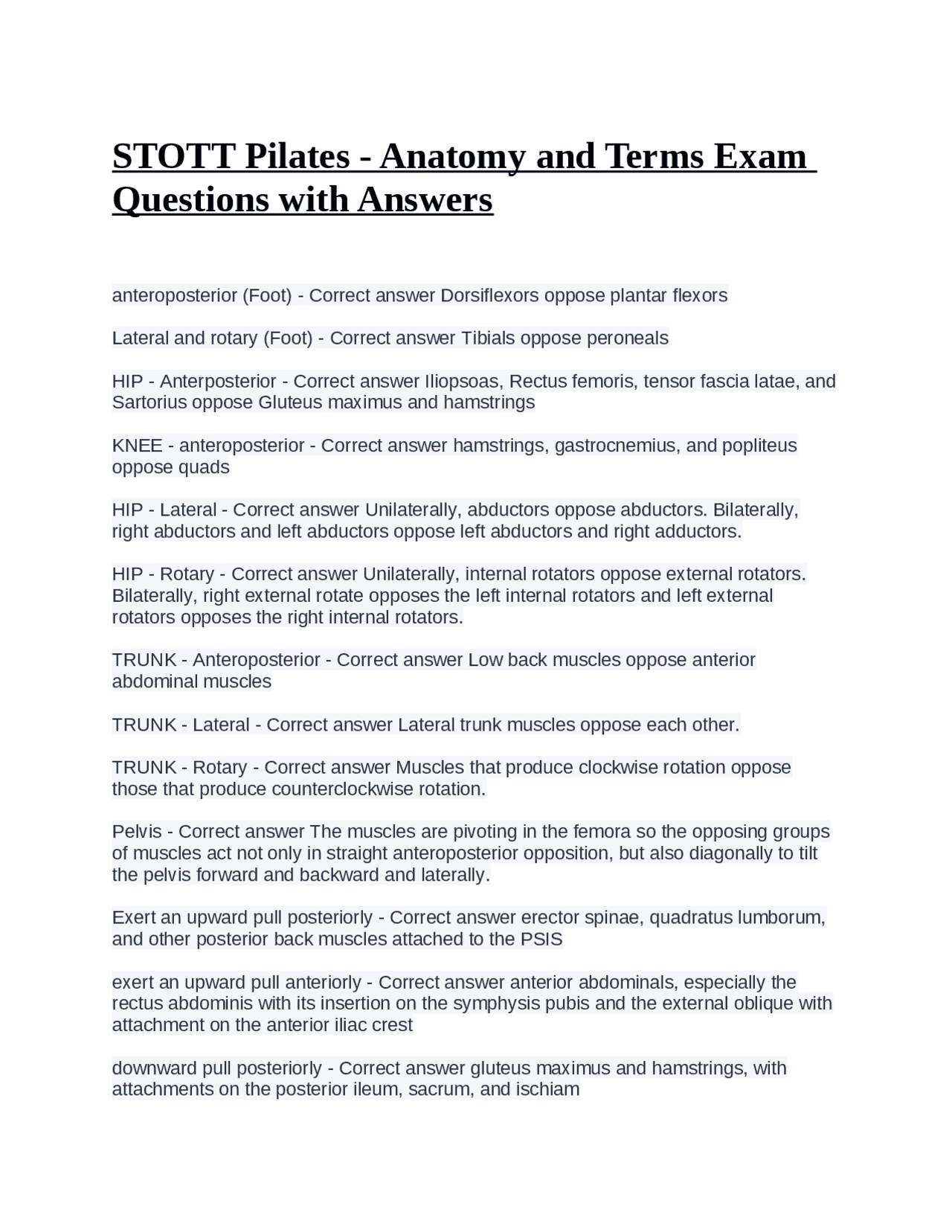STOTT Pilates Anatomy and Terms Exam Questions with Answers Exams