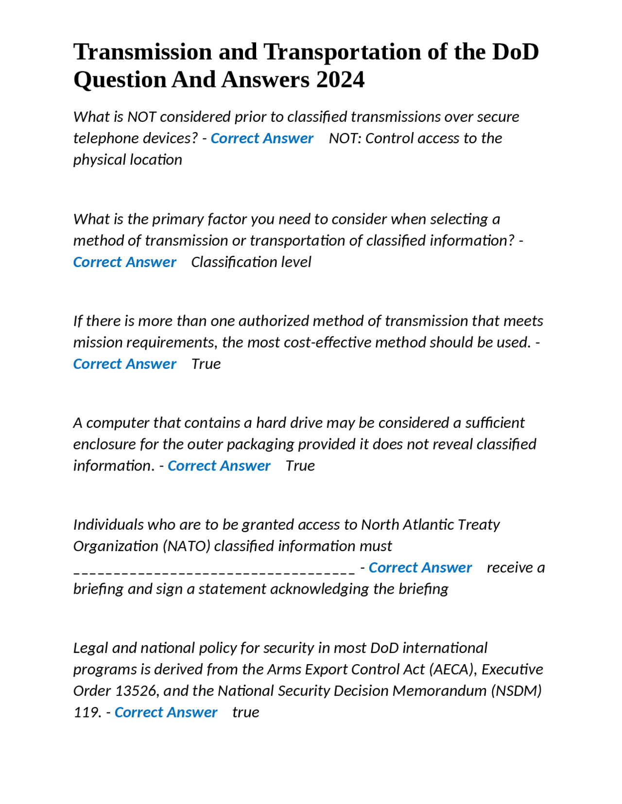 Transmission and Transportation of the DoD Question And Answers 