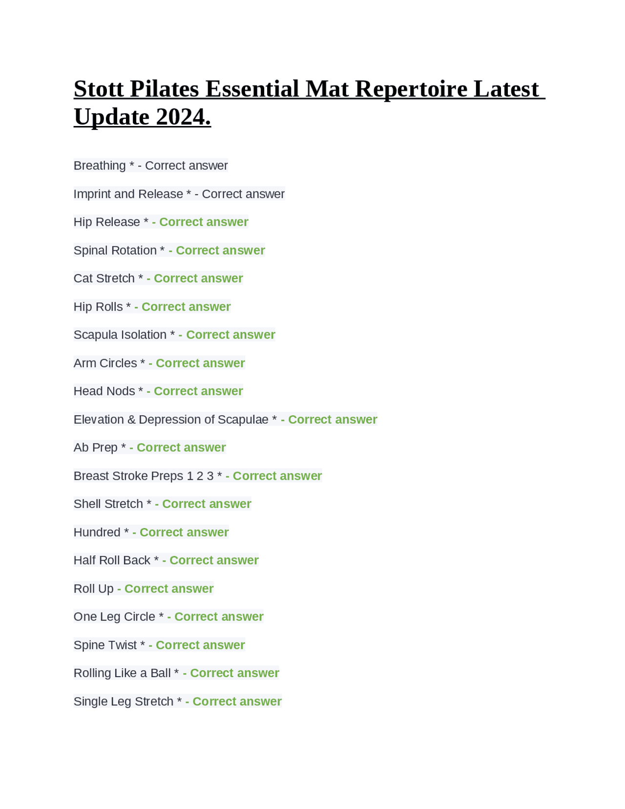 Stott Pilates Essential Mat Repertoire Latest Update 2024. Exams