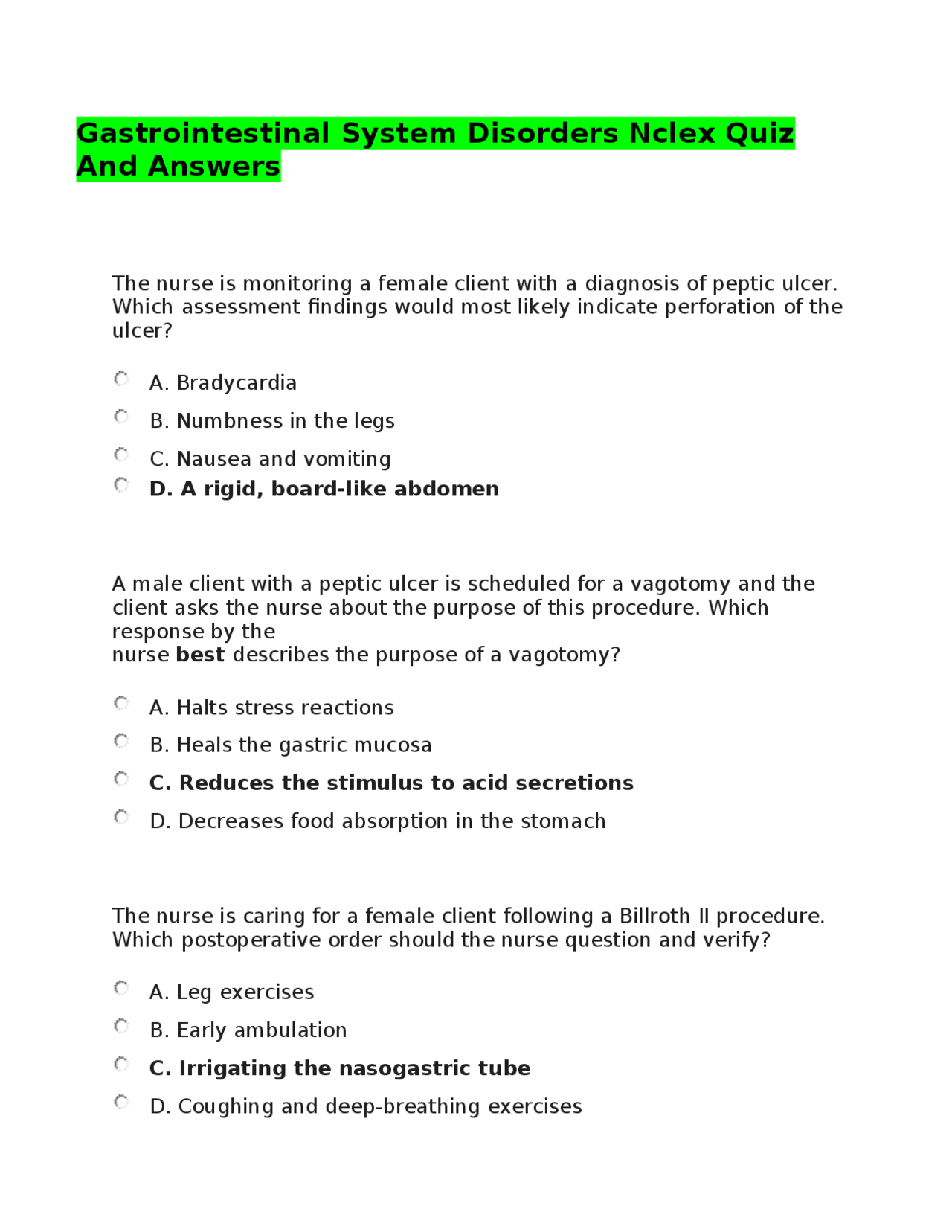 Gastrointestinal Disorders Nclex Questions