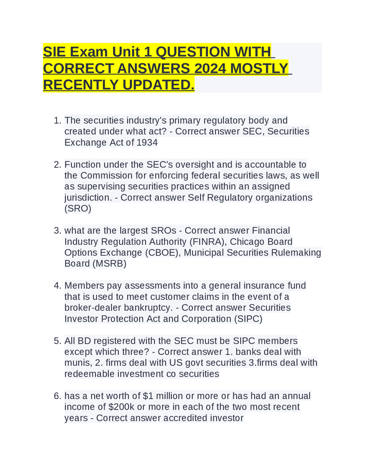 SIE Exam Unit 1 QUESTION WITH CORRECT ANSWERS 2024 MOSTLY RECENTLY ...