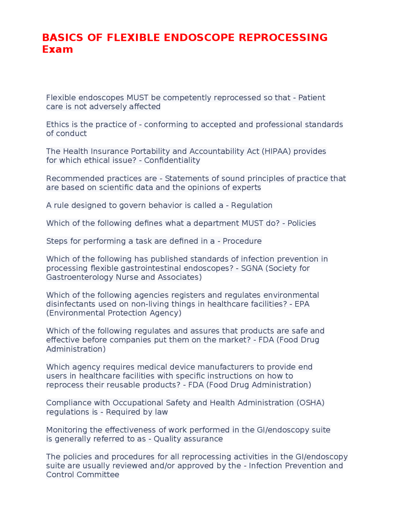 BASICS OF FLEXIBLE ENDOSCOPE REPROCESSING Exam Exams Nursing Docsity