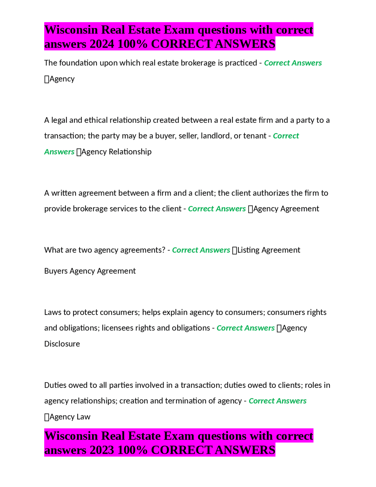 Wisconsin Real Estate Exam questions with correct answers 2024 100