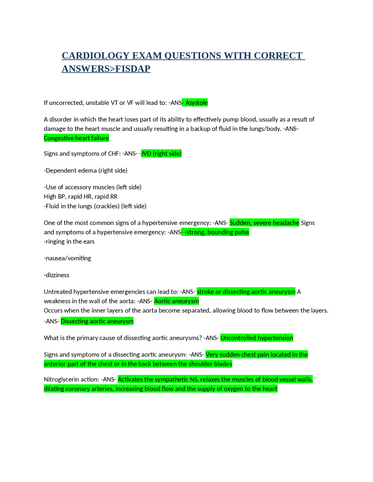 Cardiology Exam Questions with Correct Answers Exams Nursing Docsity