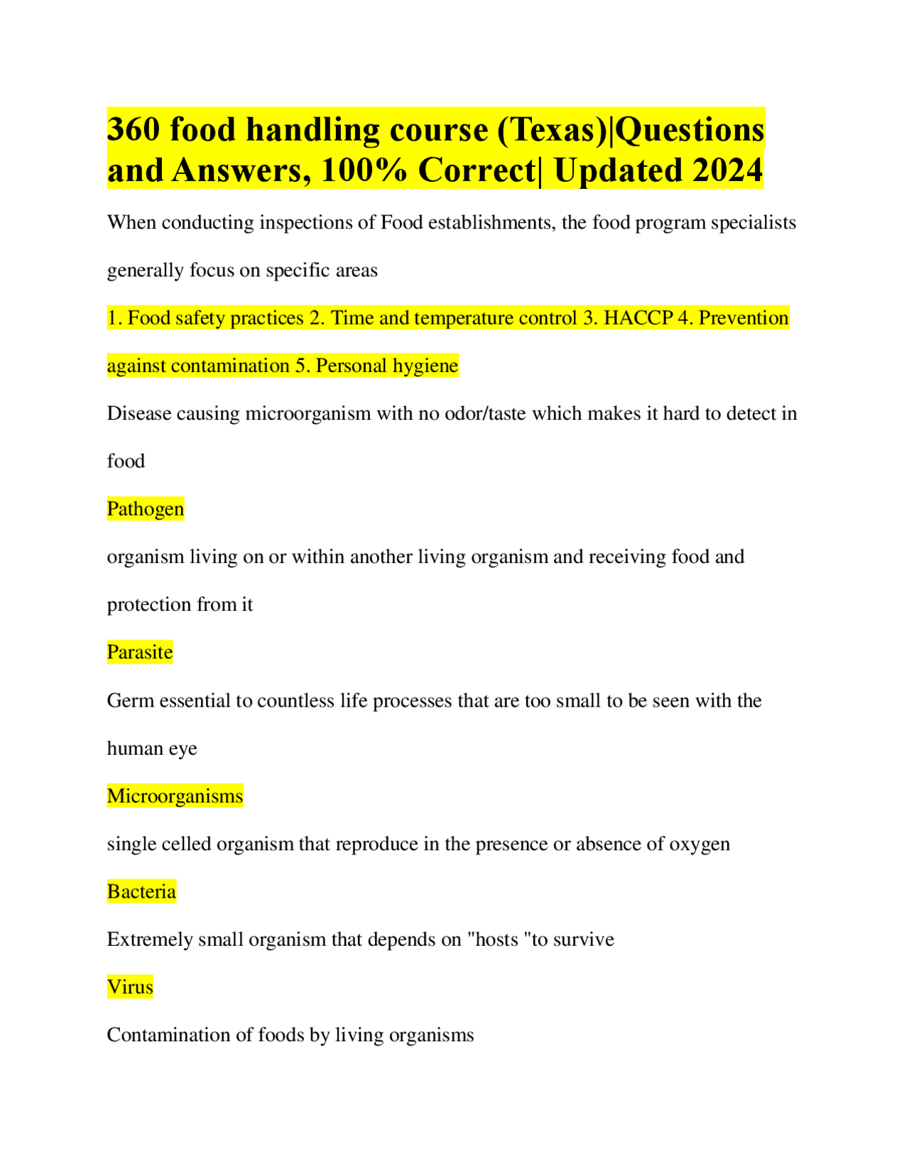 360 food handling course (Texas)Questions and Answers, 100 Correct