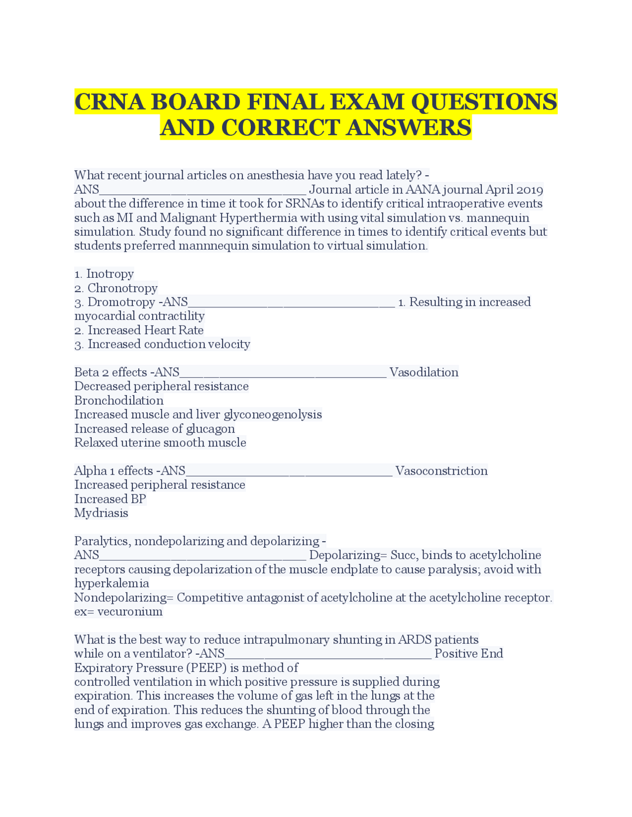Anesthesia Exam Questions and Answers Exams Nursing Docsity