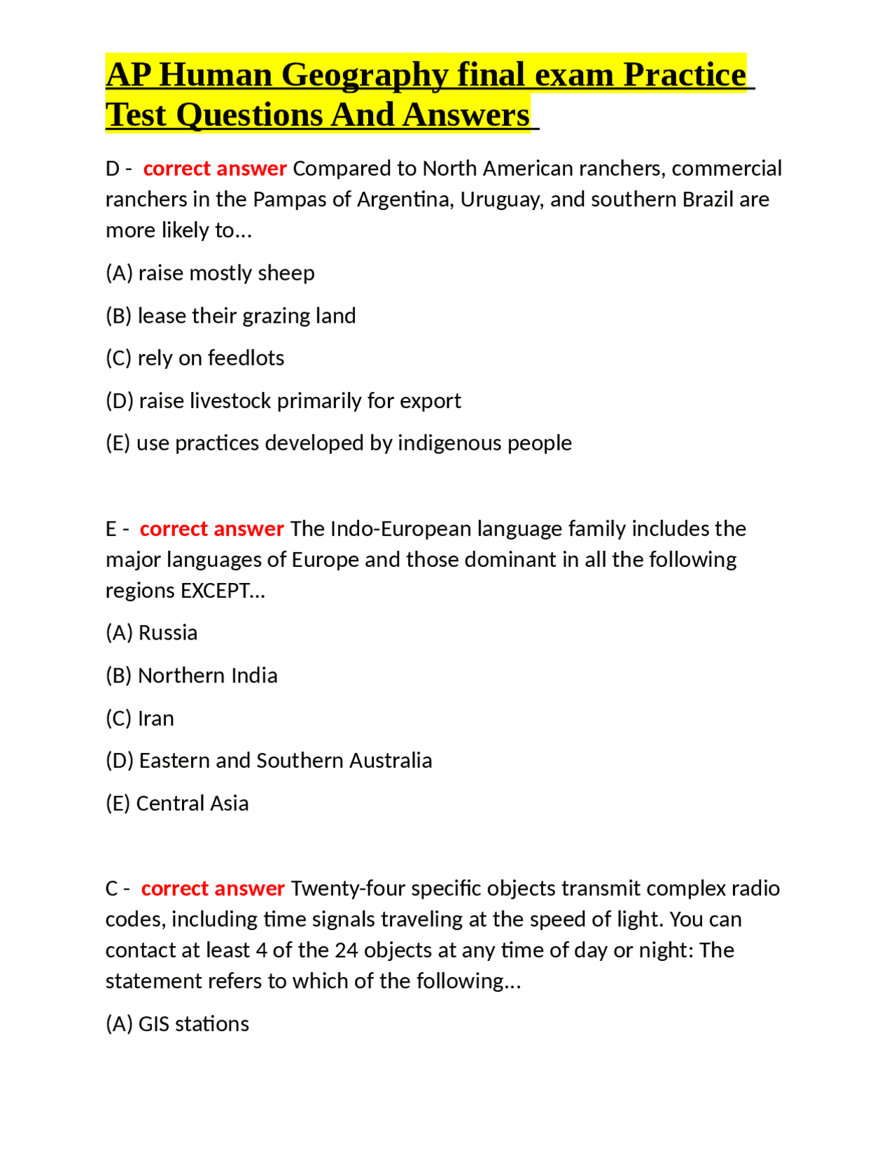 AP Human Geography final exam Practice Test Questions And Answers ...
