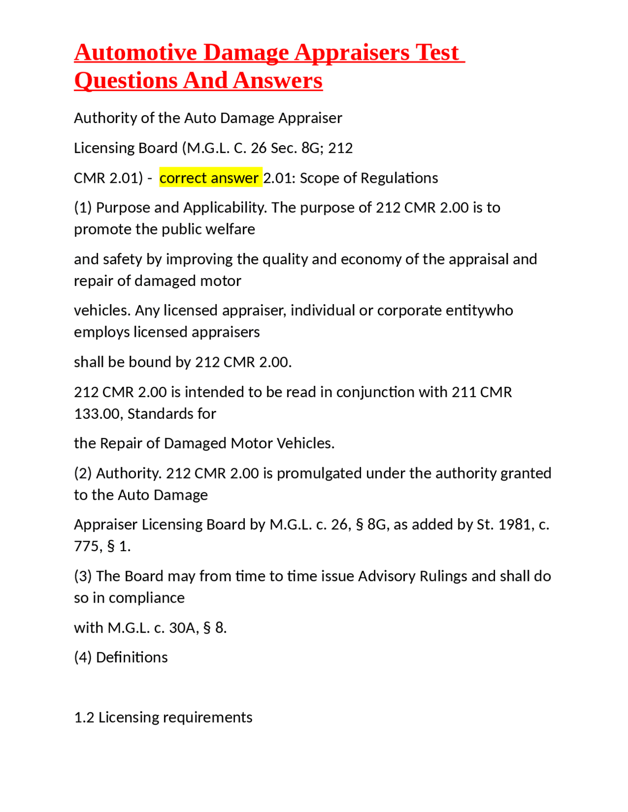 Automotive Damage Appraisers Test Questions and Answers | Exams ...