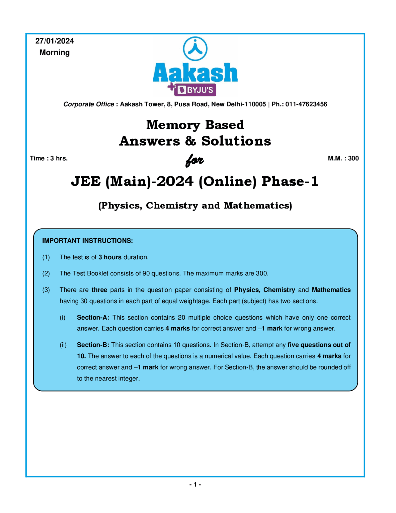 JEE MAINS 2024 AAKASH ANSWER KEY SOL. | Study Guides, Projects ...