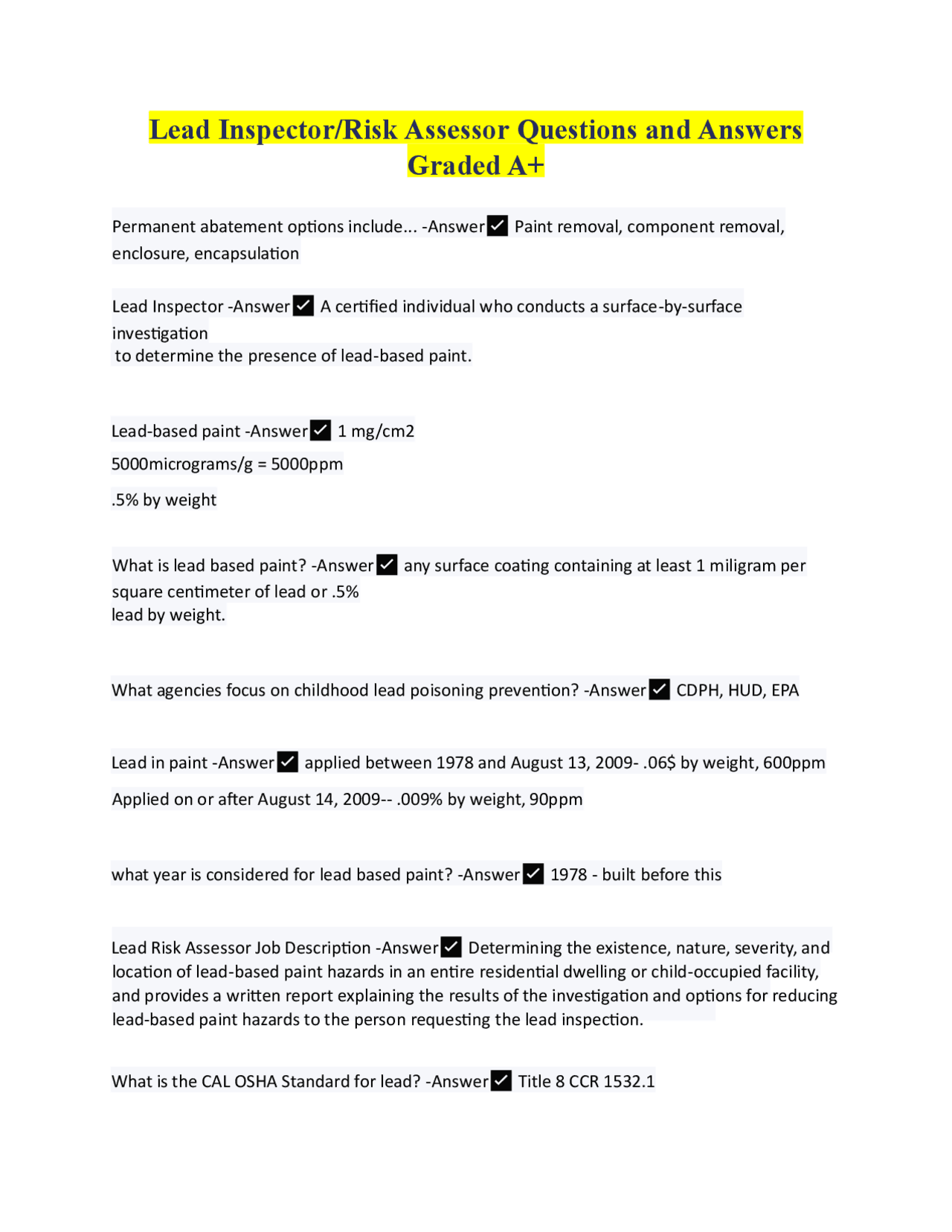 Lead Inspector Report.pdf Lead Inspector/ Risk Assessor Questions and Answers 2024 | Exams ...