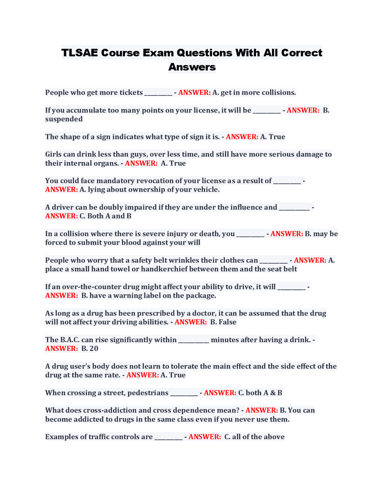 TLSAE Course Exam Questions With All Correct Answers Exams Health