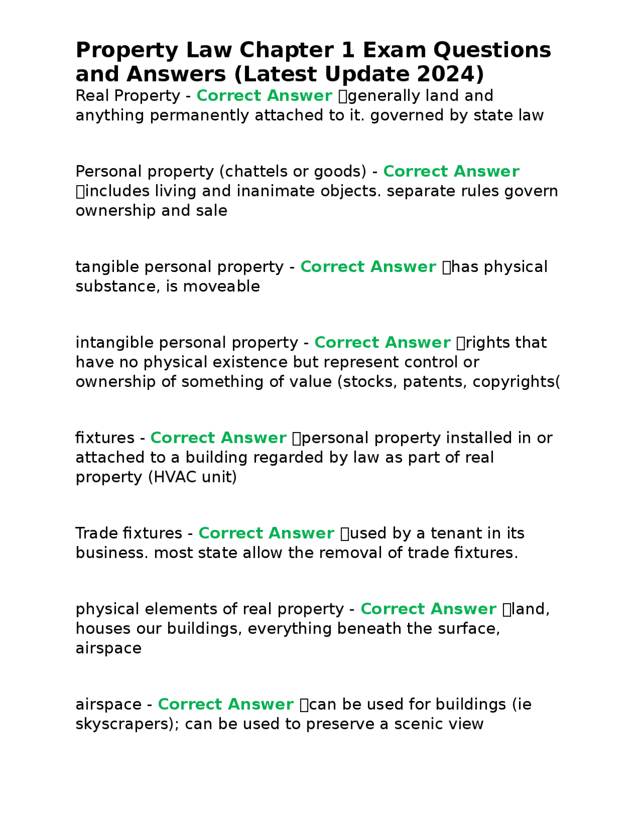 Property Law Chapter 1 Exam Questions and Answers | Exams Nursing | Docsity