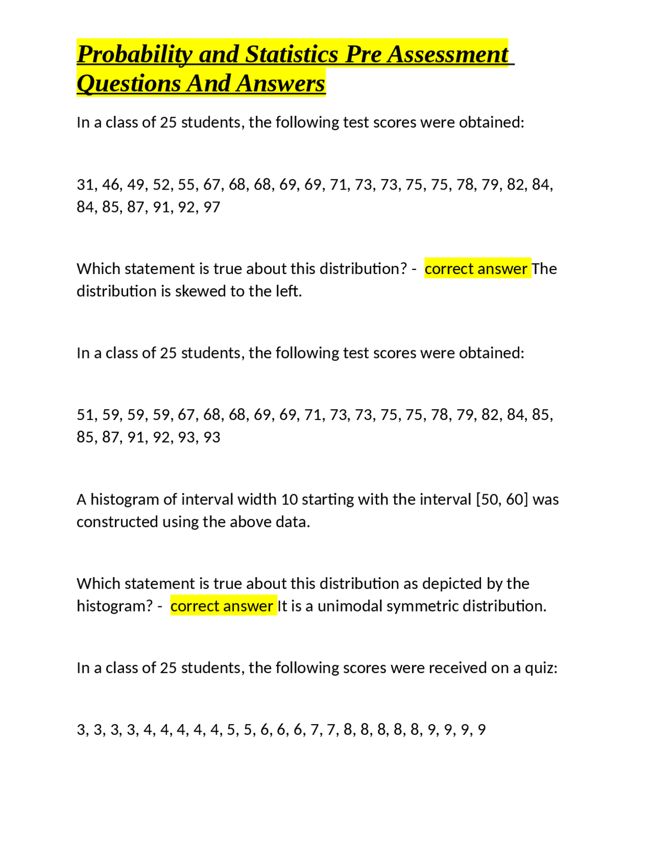 Probability and Statistics Pre Assessment Questions And Answers | Exams ...