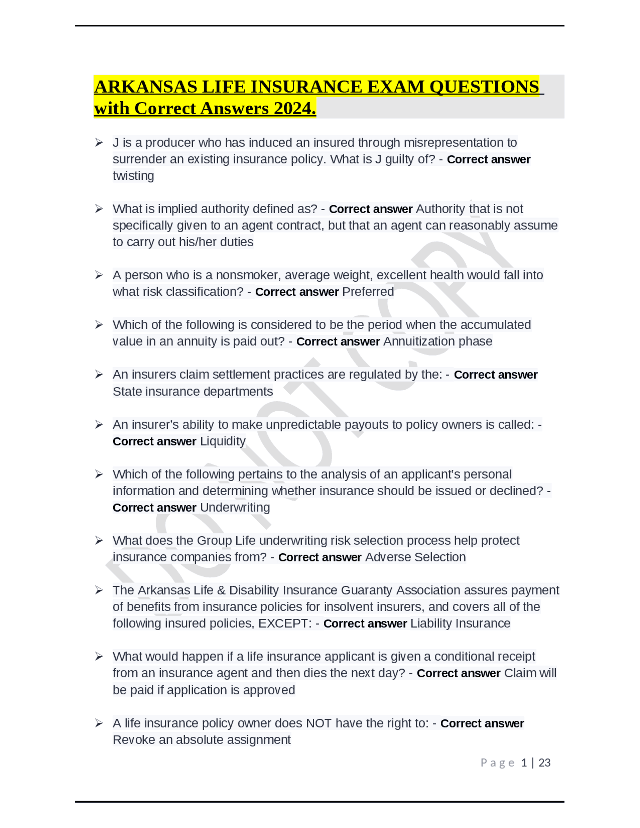 ARKANSAS LIFE INSURANCE EXAM QUESTIONS with Correct Answers 2024