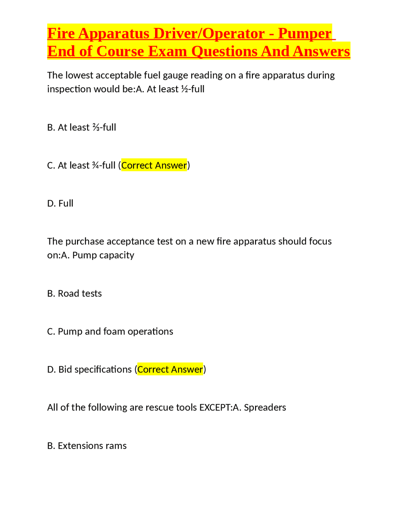 Fire Apparatus Driver/Operator - Pumper End of Course Exam Questions ...