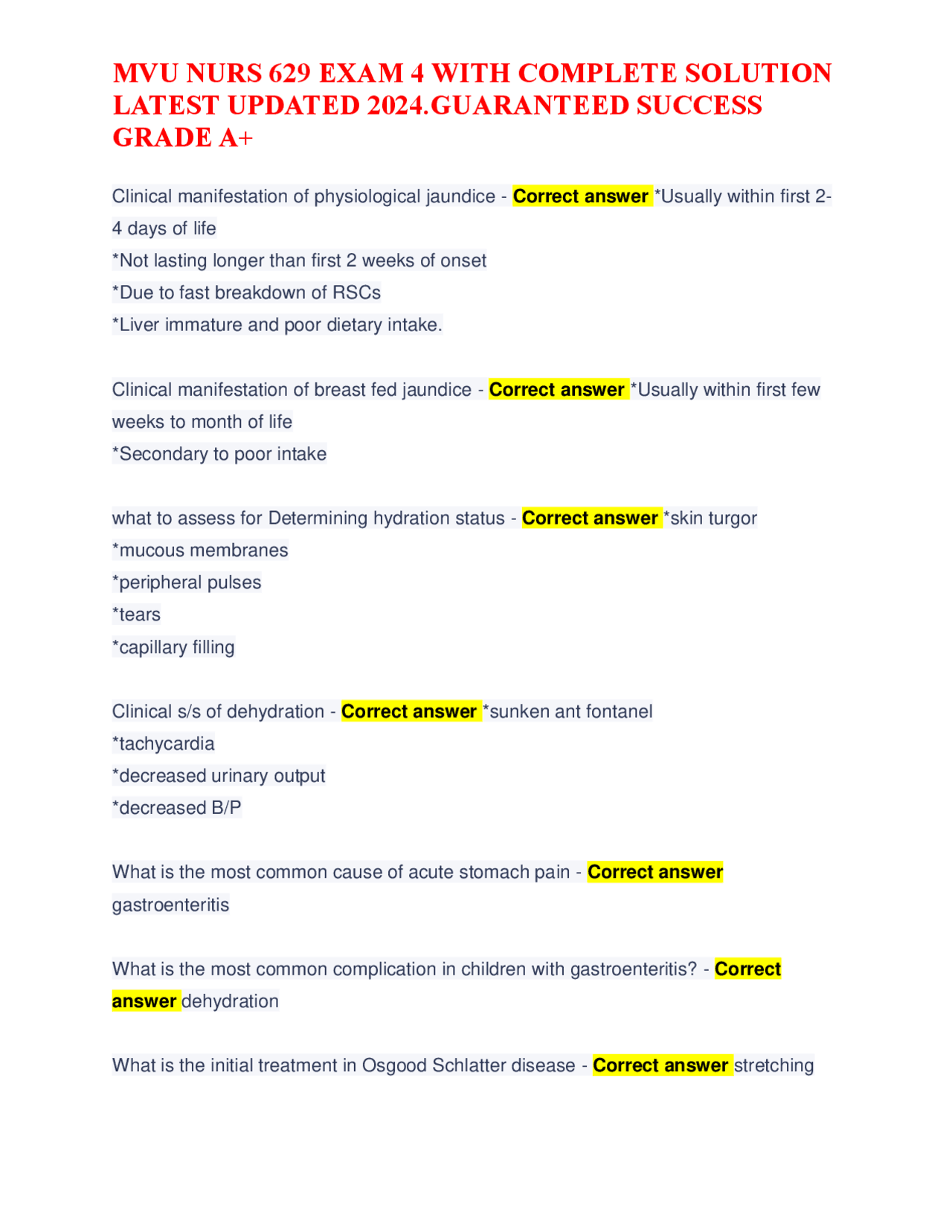 Pediatric Nursing Exam Review Exams Nursing Docsity 