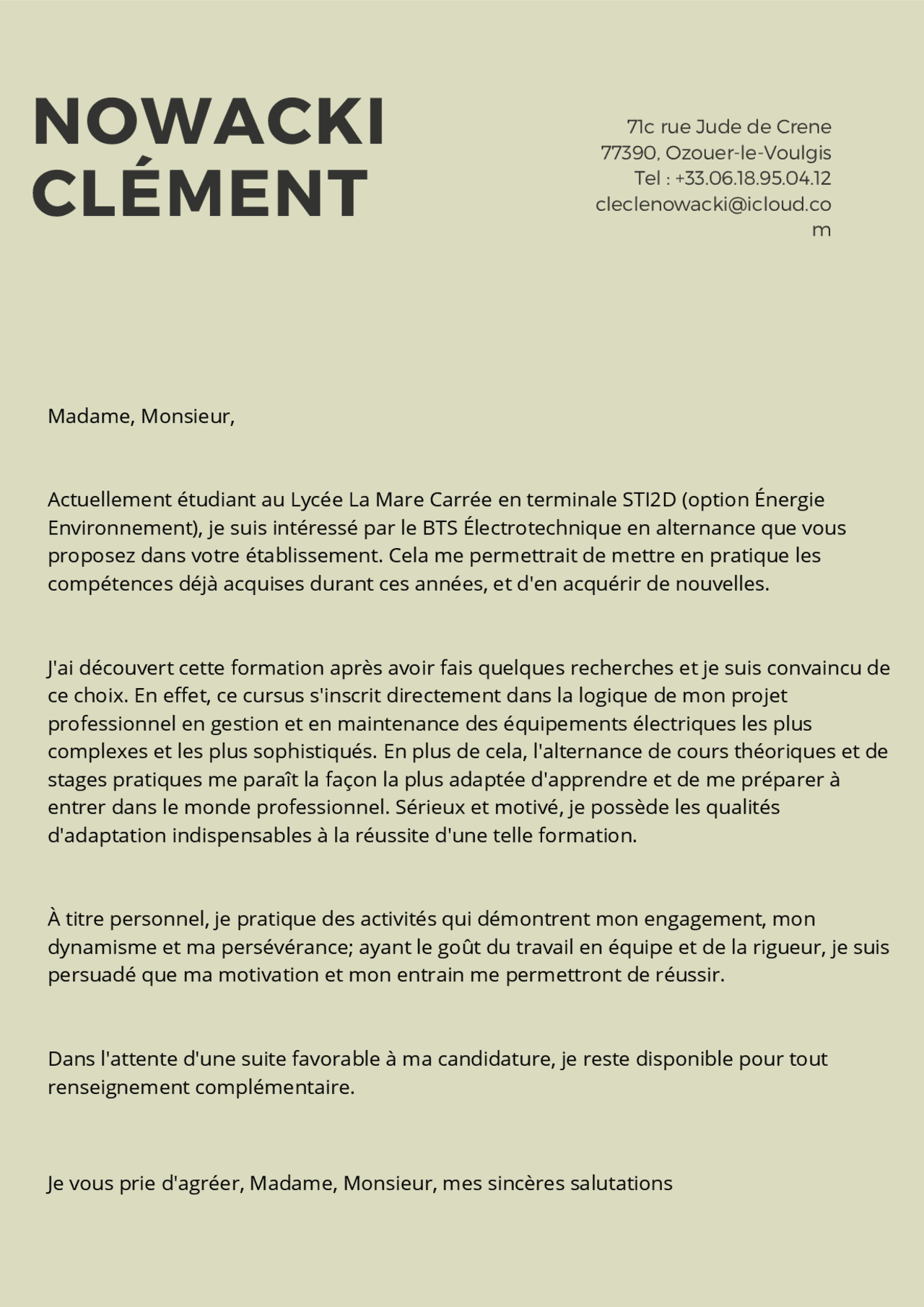 Lettre d'intérêt pour le BTS Électrotechnique en alternance | Slides Droit  constitutionnel
