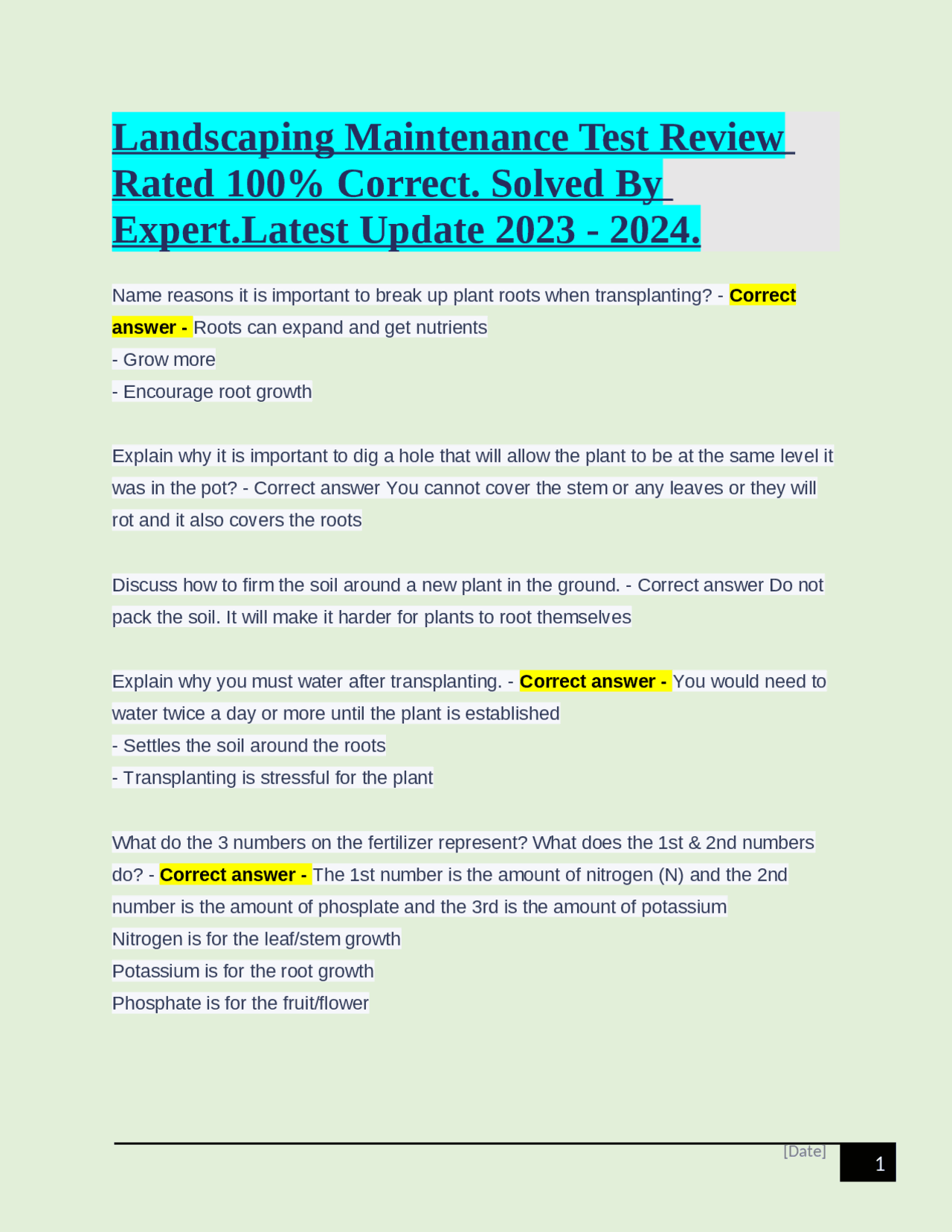 Landscaping Maintenance Test Review Rated 100 Correct. Solved By