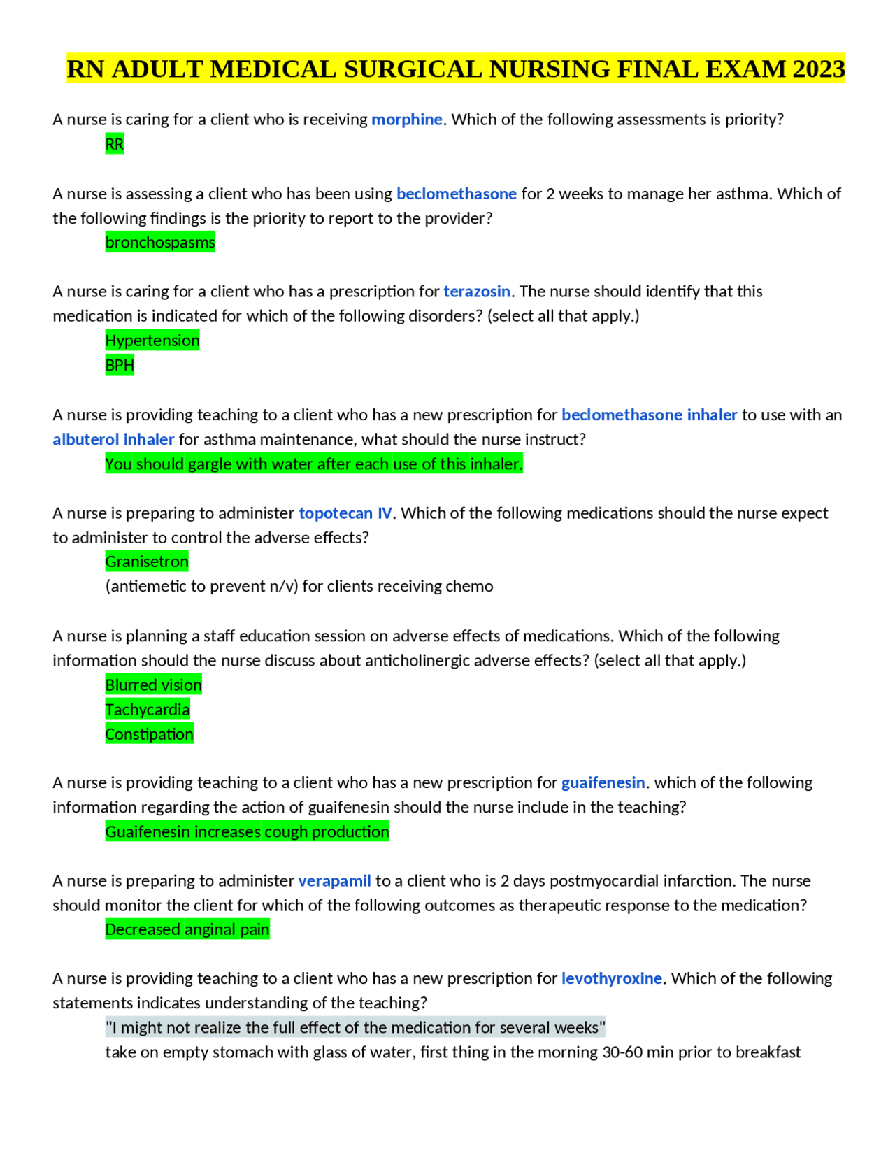 RN ADULT MEDICAL SURGICAL NURSING FINAL EXAM 2023 | Exams Nursing | Docsity