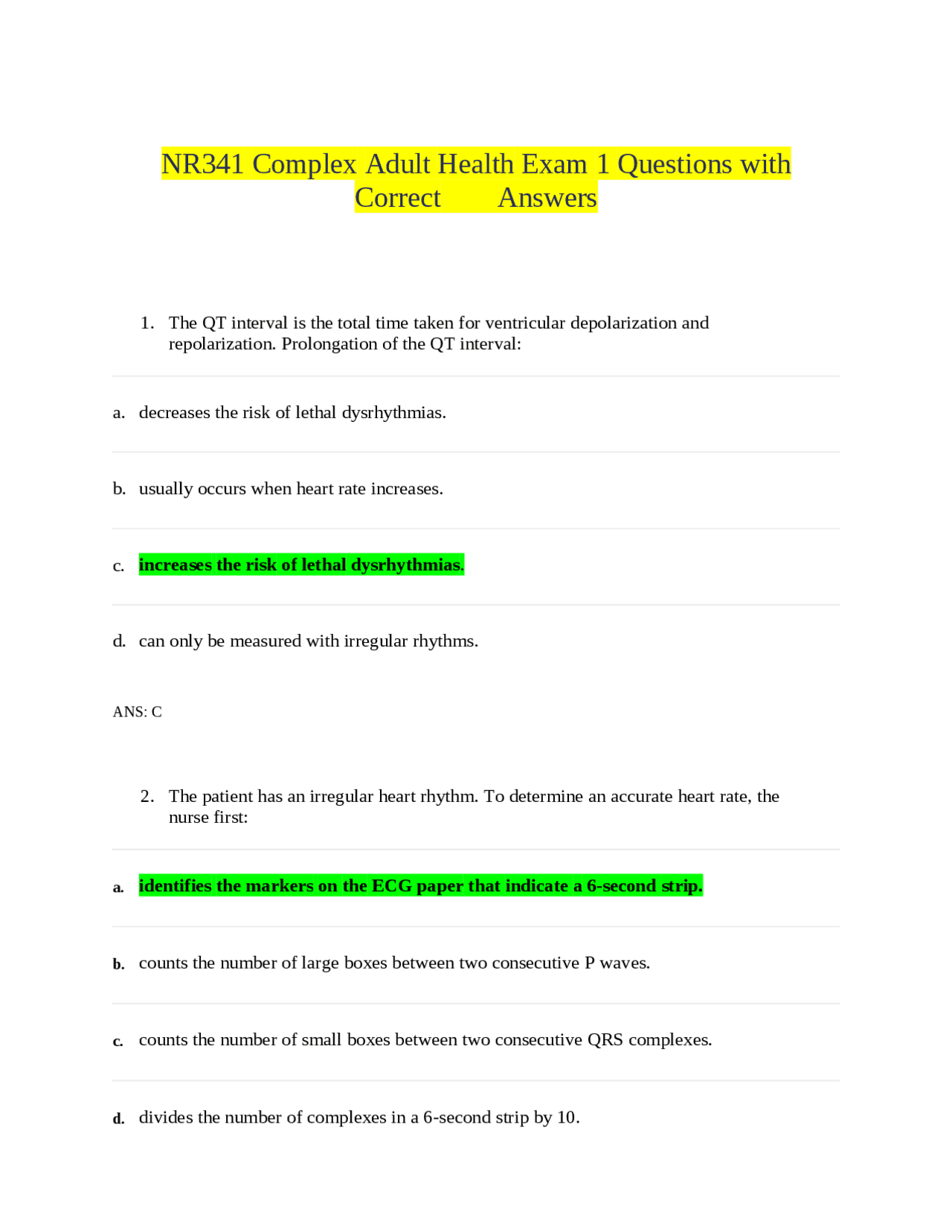 NR341 Complex Adult Health Exam 1 Questions with Correct Answers ...