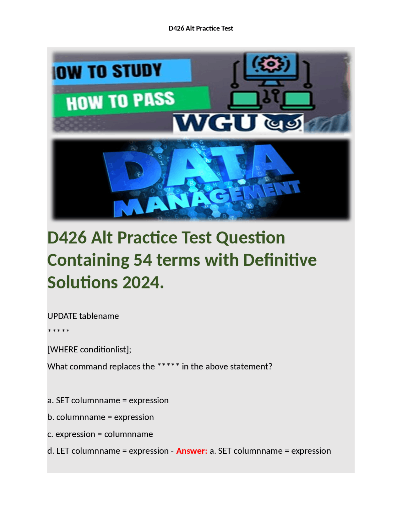 D426 Alt Practice Test Question Containing 54 terms with Definitive ...