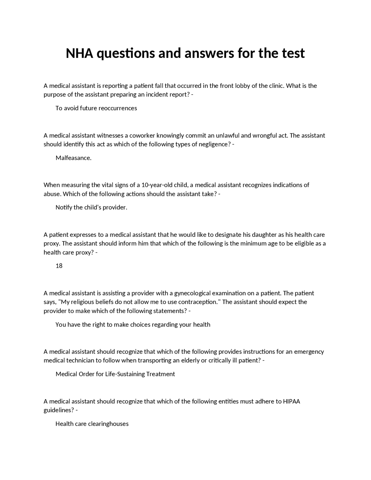 Medical Assistant Test Questions and Answers Exams Medicine Docsity
