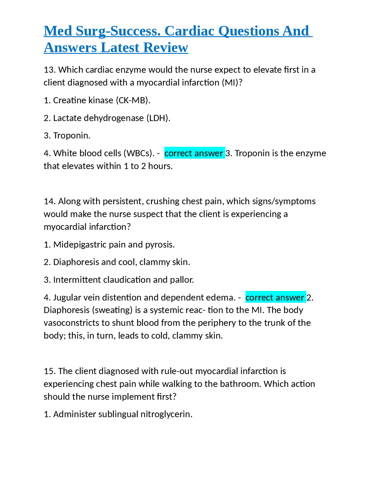 Med Surg Success Cardiac Questions And Answers Latest Review Exams