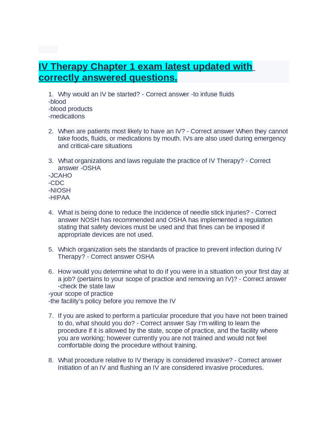 Sample Iv Questions IV Therapy Chapter 1 exam latest updated with correctly answered ...