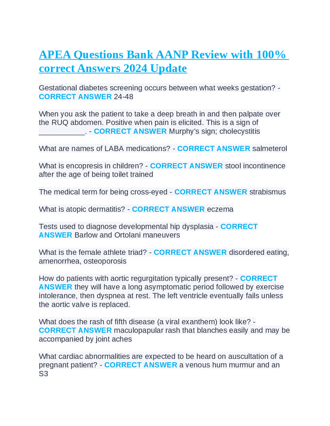 APEA Questions Bank AANP Review with 100 correct Answers 2024 Update