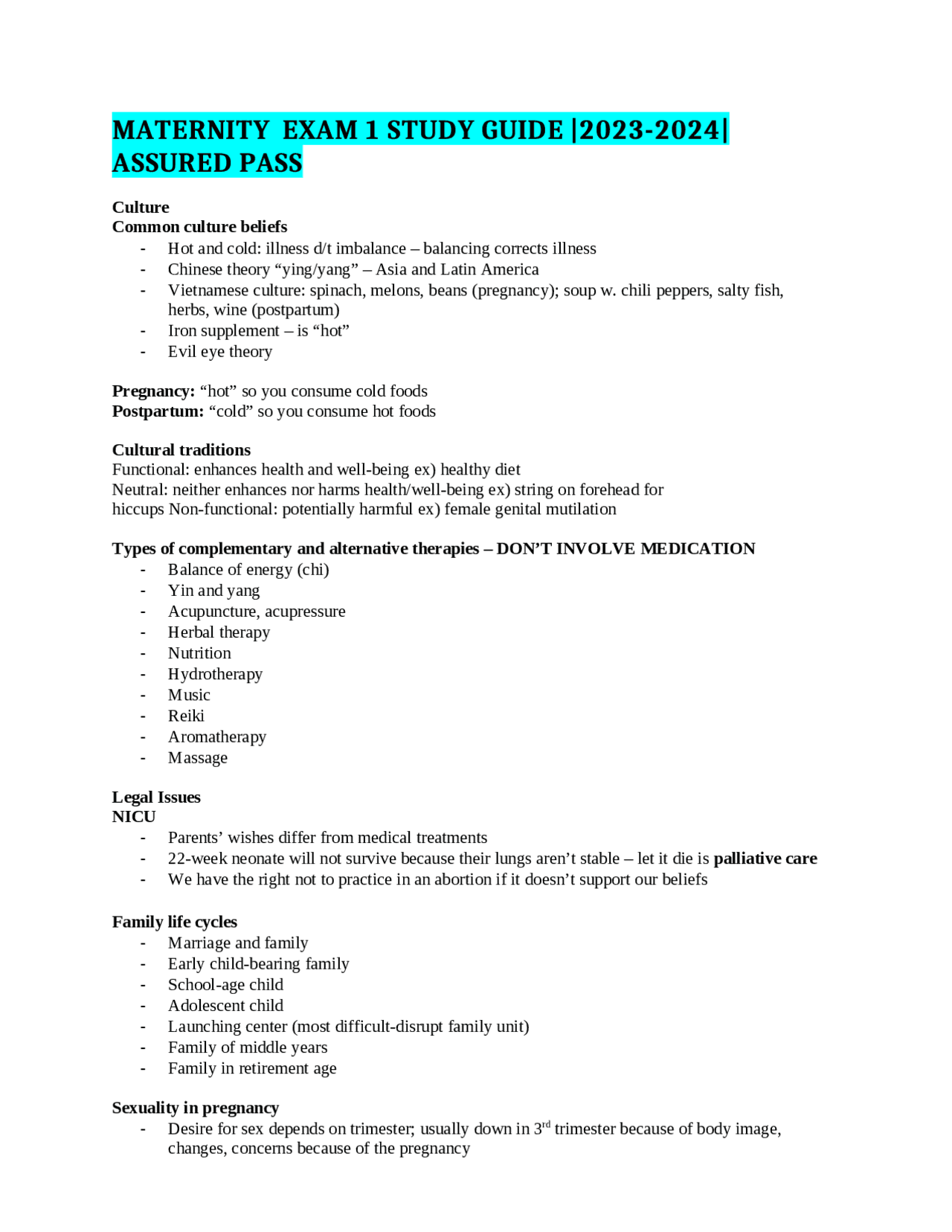 MATERNITY EXAM 1 STUDY GUIDE |2023-2024| ASSURED PASS | Exams Nursing ...