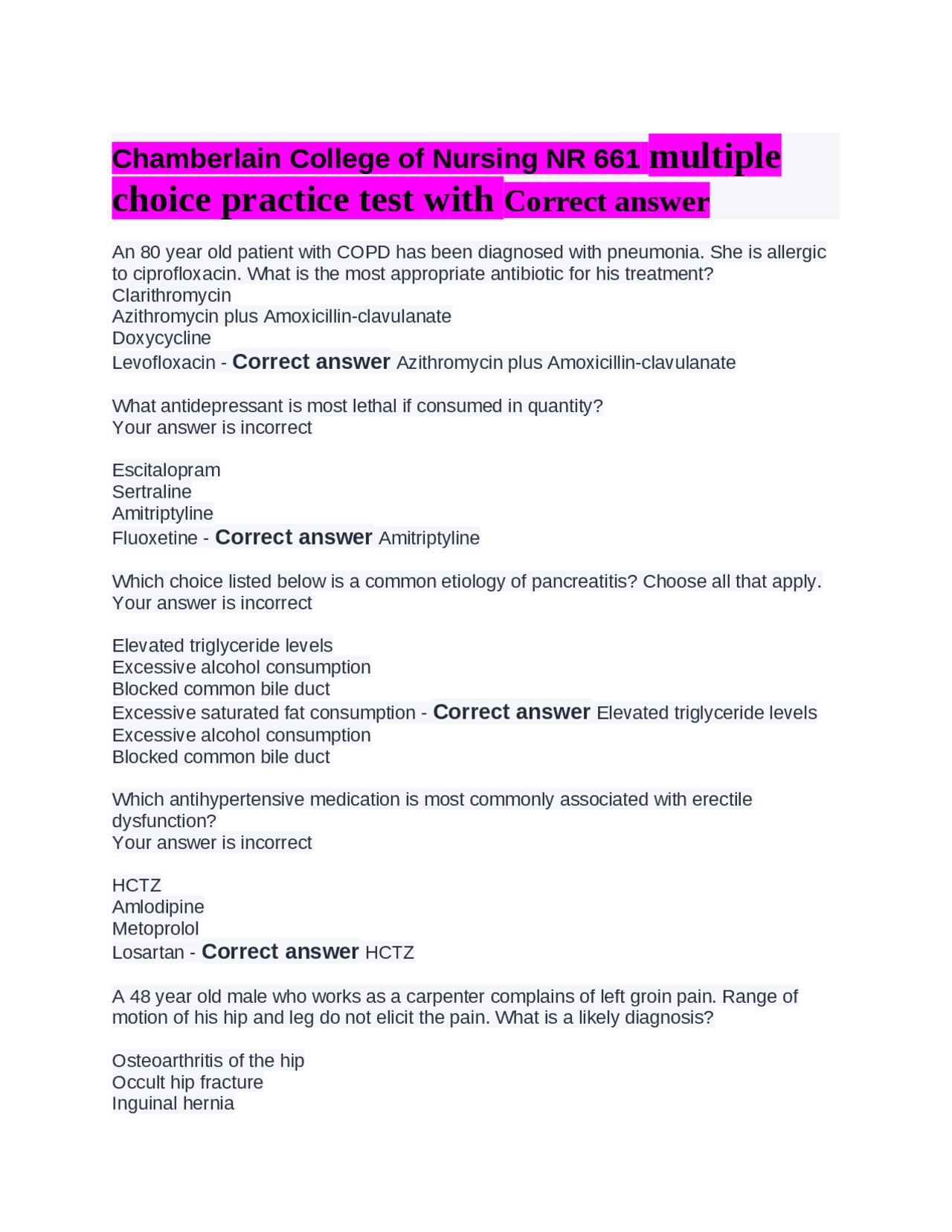 NR 661 Multiple Choice Practice Test with Correct Answers | Exams ...