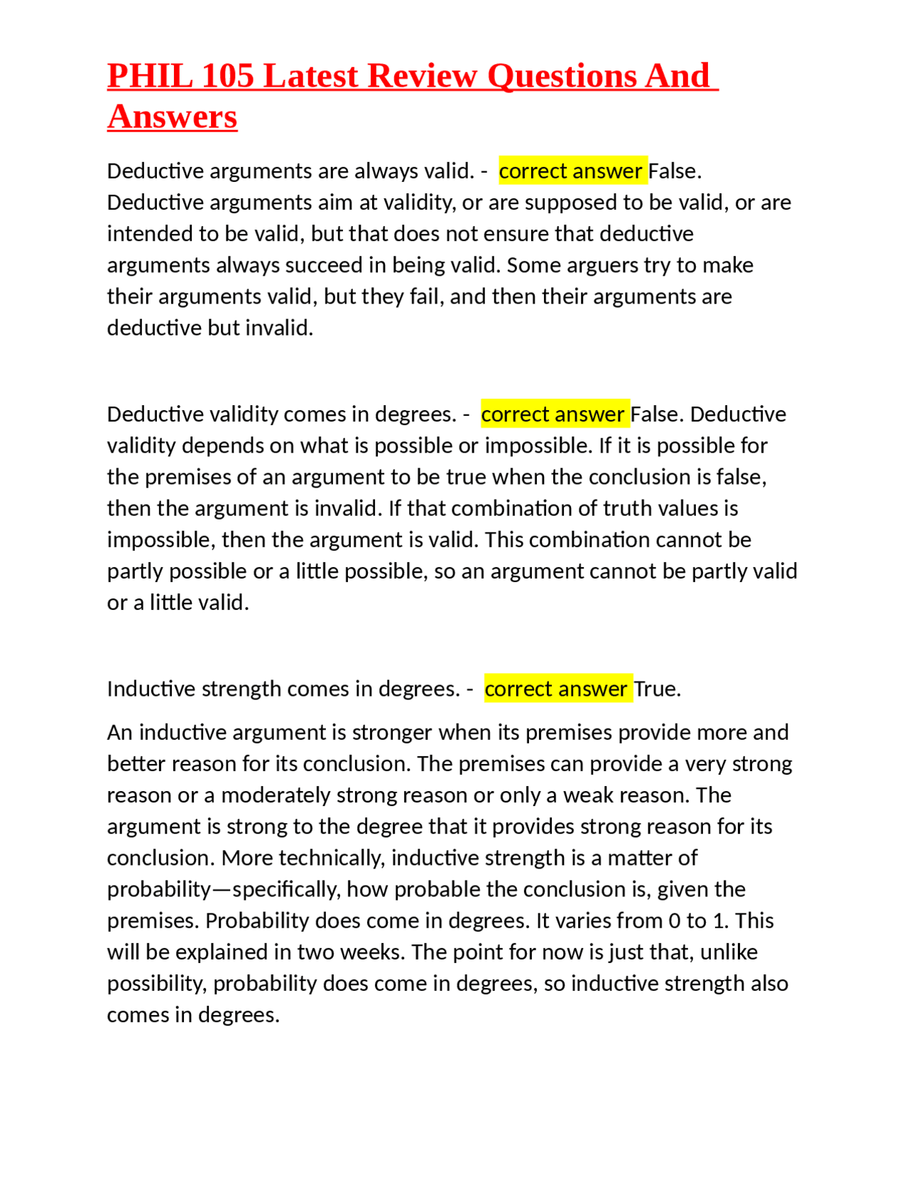 PHIL 105 Latest Review Questions And Answers | Exams Philosophy | Docsity