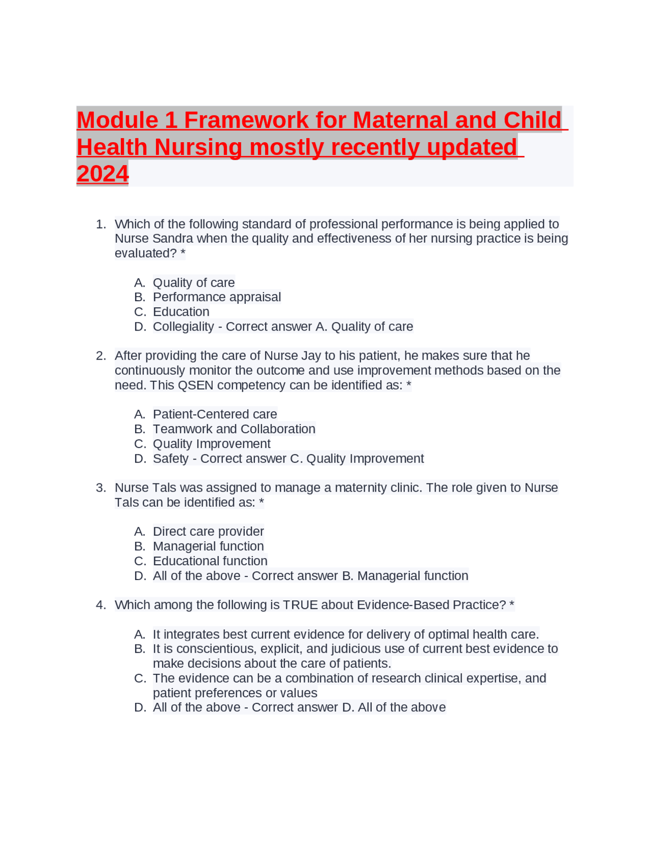 Module 1 Framework for Maternal and Child Health Nursing mostly ...