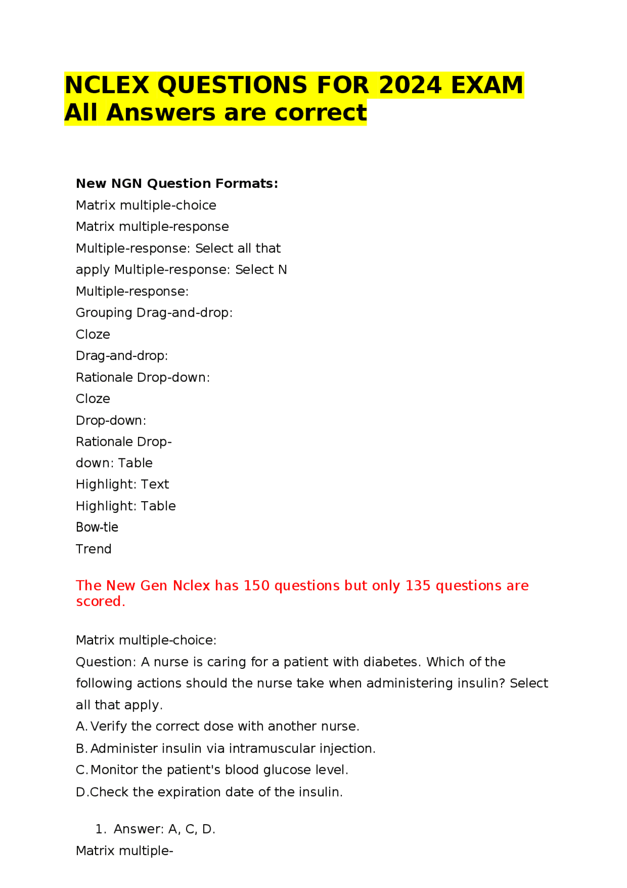 NCLEX QUESTIONS FOR 2024 EXAM All Answers are correct | Exams Nursing ...