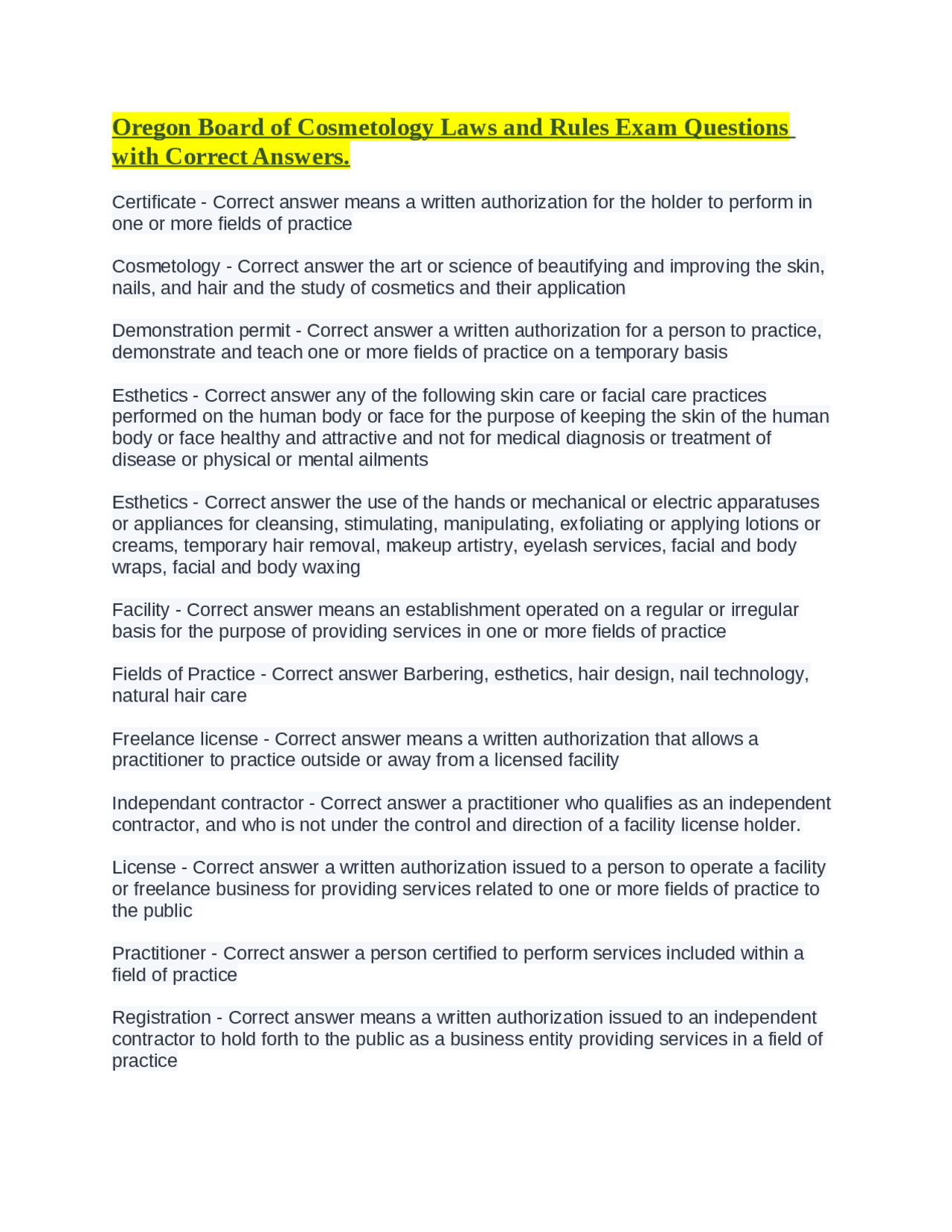 Oregon Board of Cosmetology Laws and Rules Exam Questions with Correct