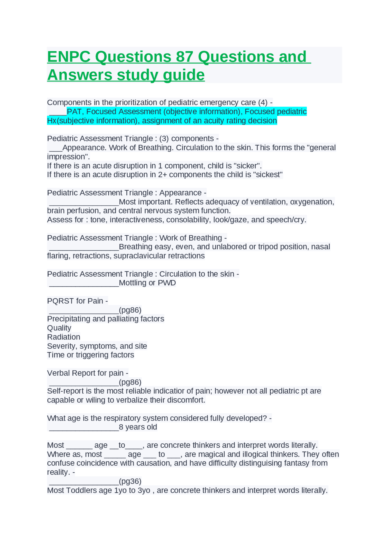 ENPC Questions and Answers Study Guide | Exams Biology | Docsity