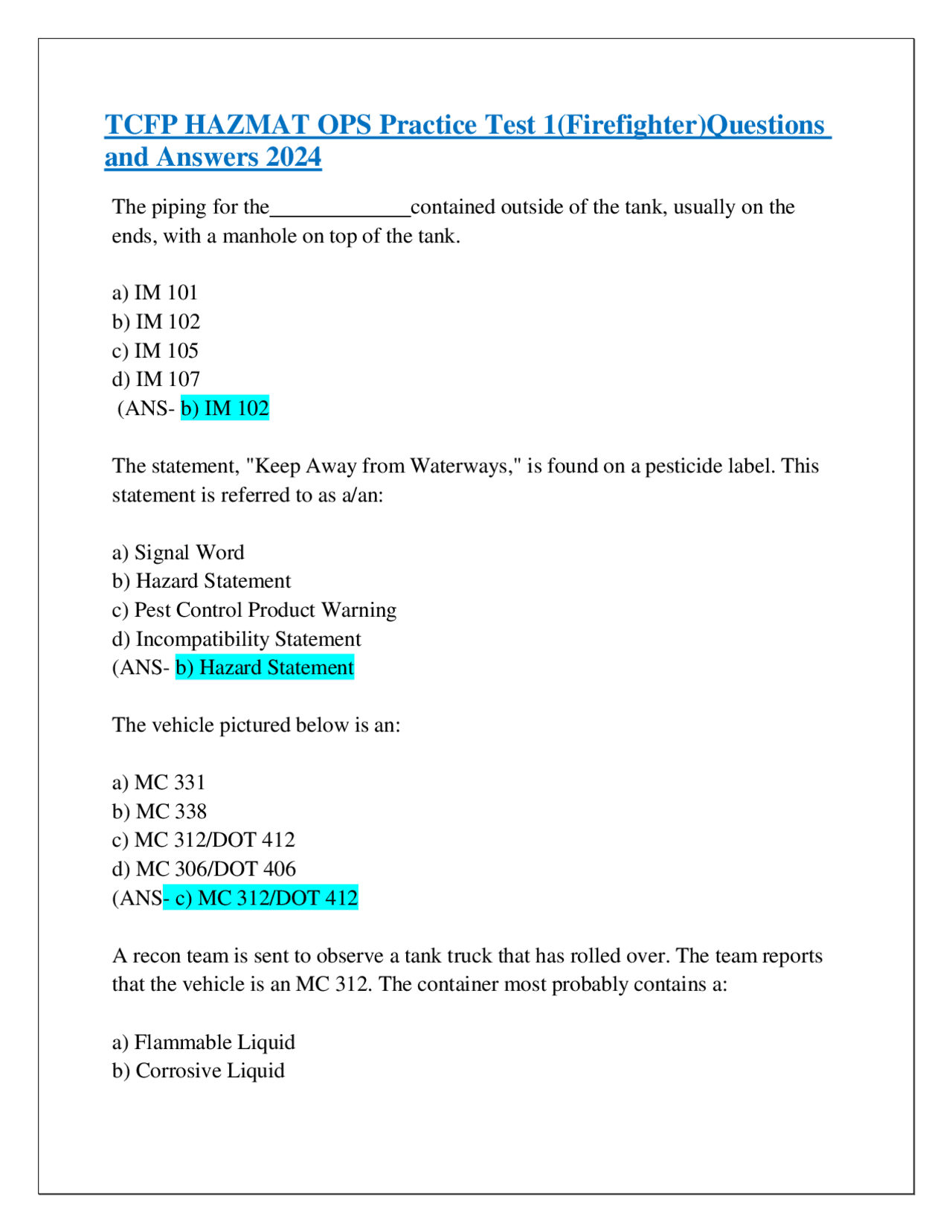 tcfp-hazmat-ops-practice-test-1-firefighter-questions-and-answers-2024-exams-safety-and-fire-engineering-docsity for Free Printable Hazmat Practice Test TCFP HAZMAT OPS Practice Test 1(Firefighter)Questions and Answers 2024 | Exams Safety and Fire Engineering | Docsity for Free Printable Hazmat Practice Test