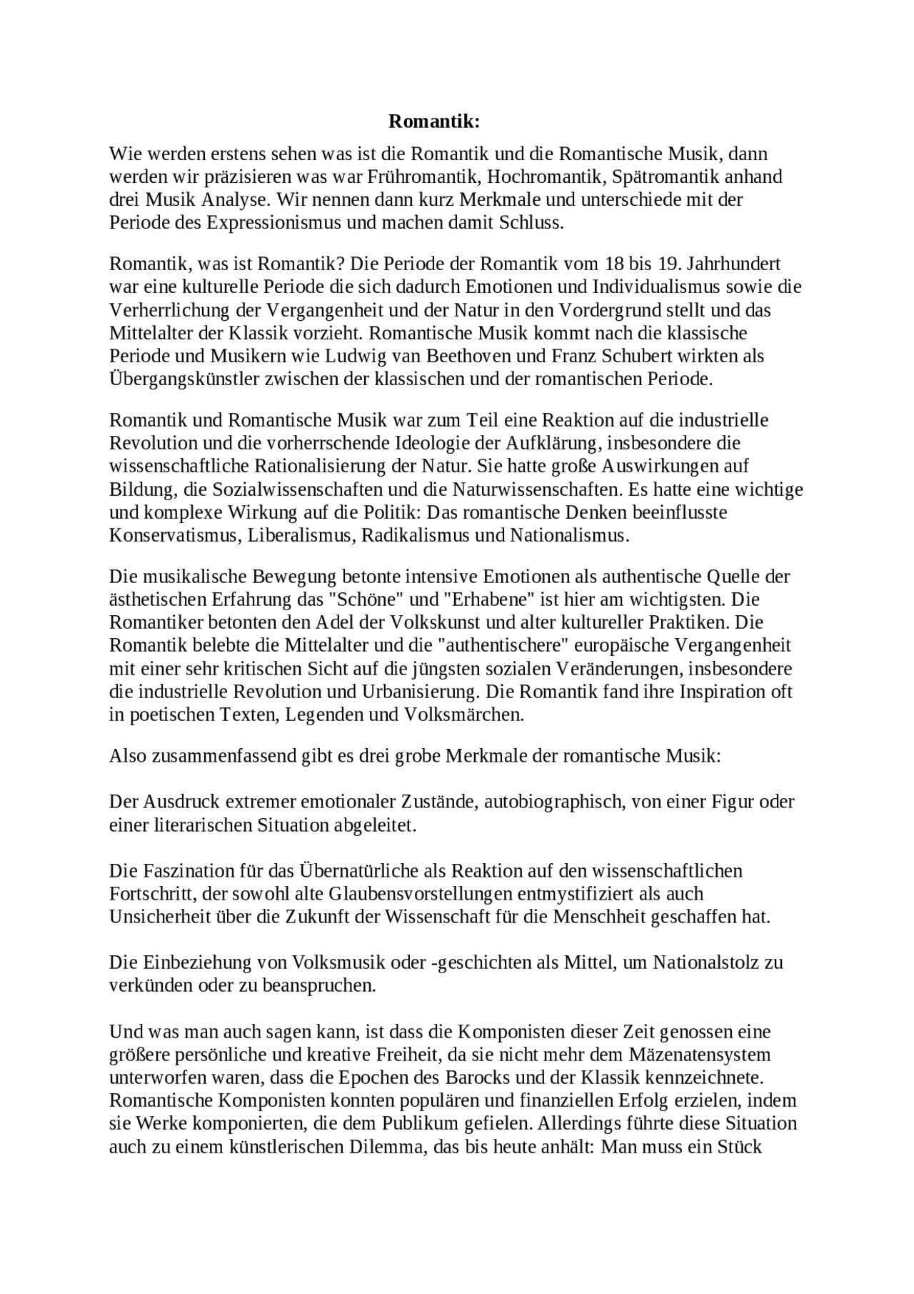 La musique romantique Lectures Histoire Docsity