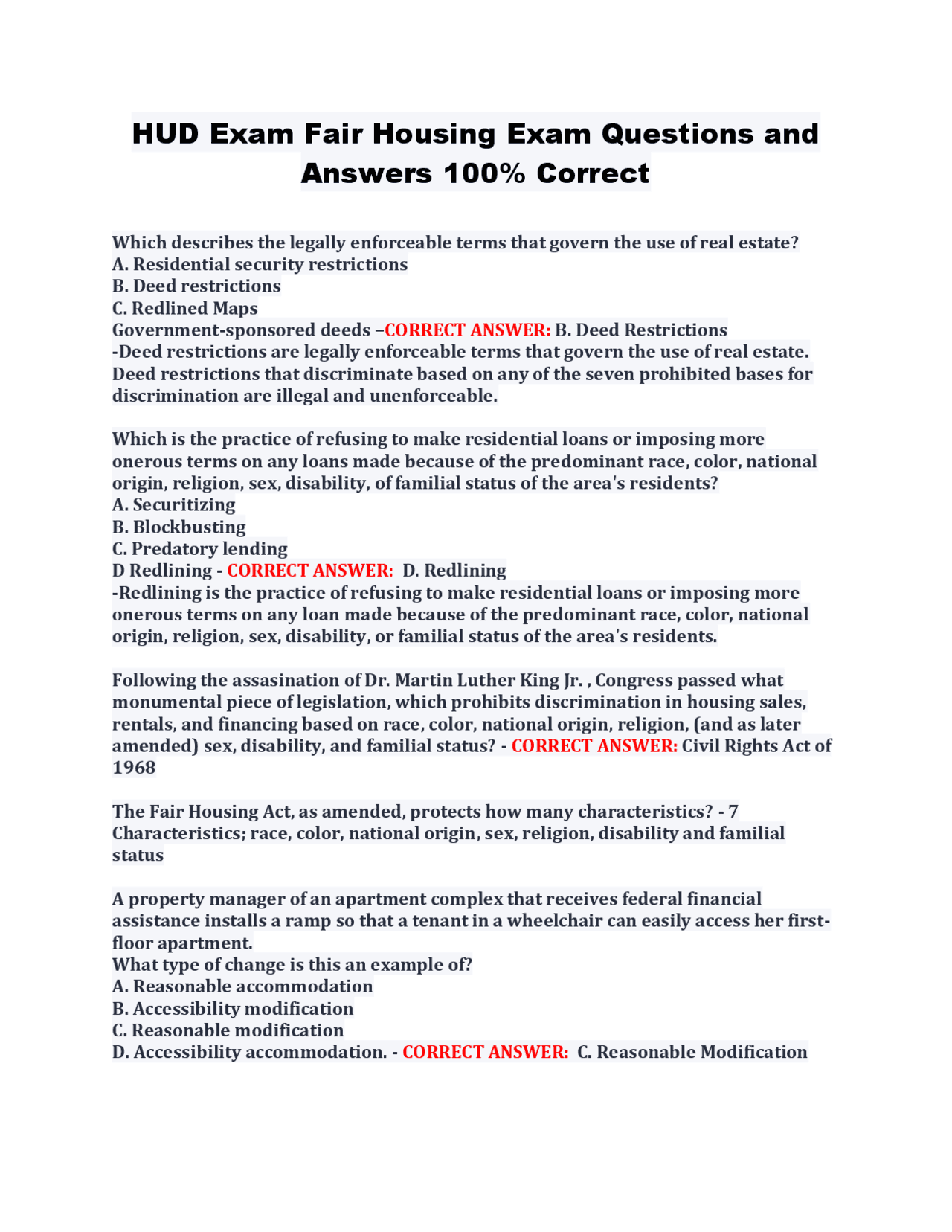 HUD Exam Fair Housing Exam Questions and Answers Exams Law Docsity