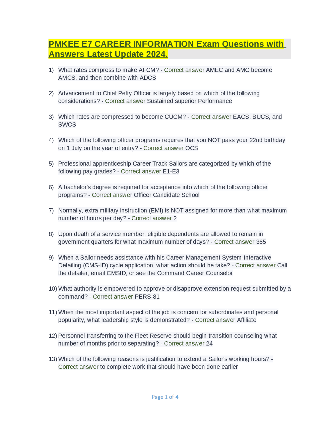 PMKEE E7 CAREER INFORMATION Exam Questions with Answers Latest Update 2024. Exams Information