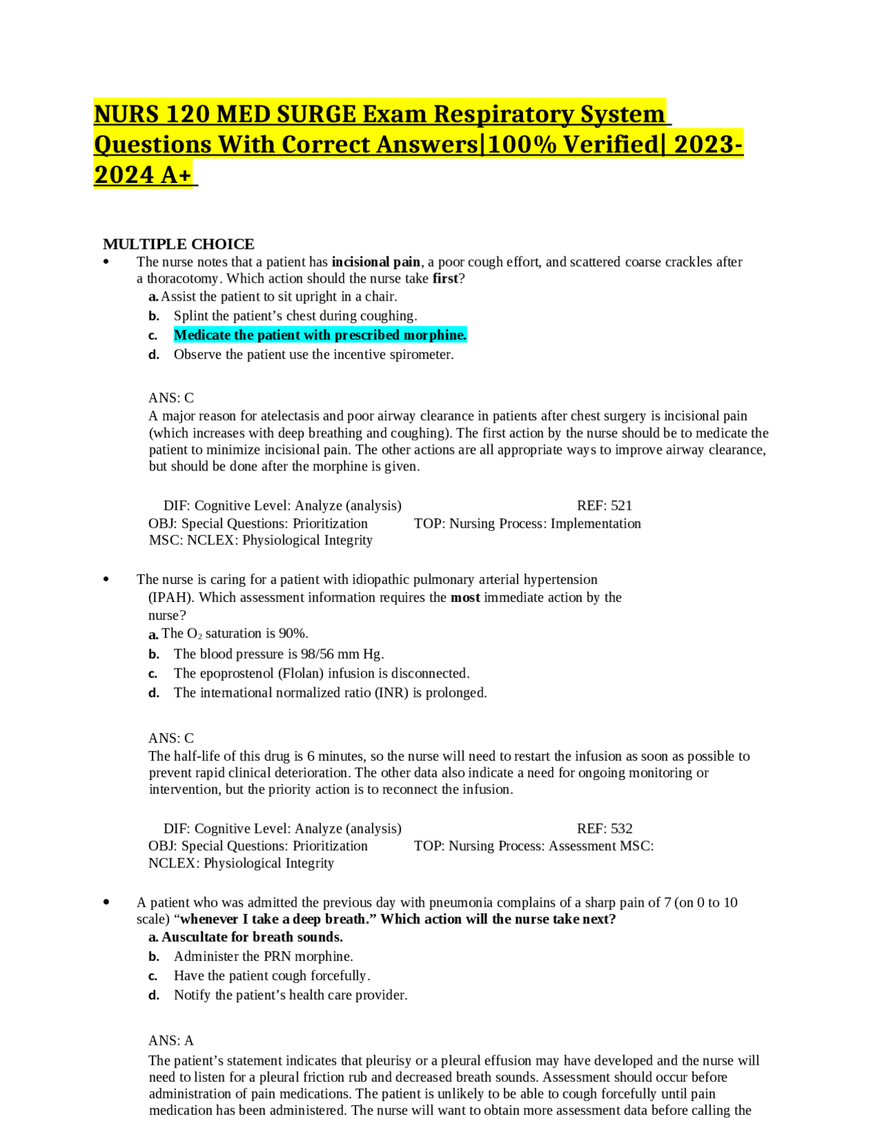 NURS 120 MED SURGE Exam Respiratory System Questions With Correct ...
