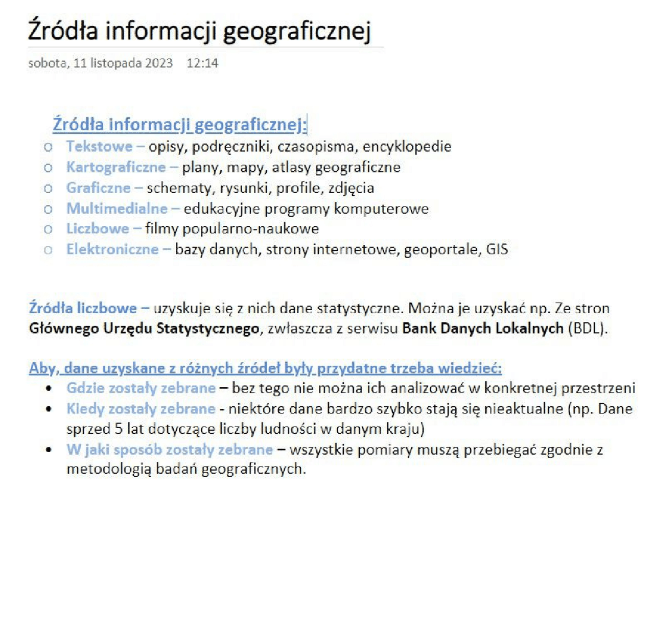 źródła informacji geograficznej | Notatki Geografia | Docsity