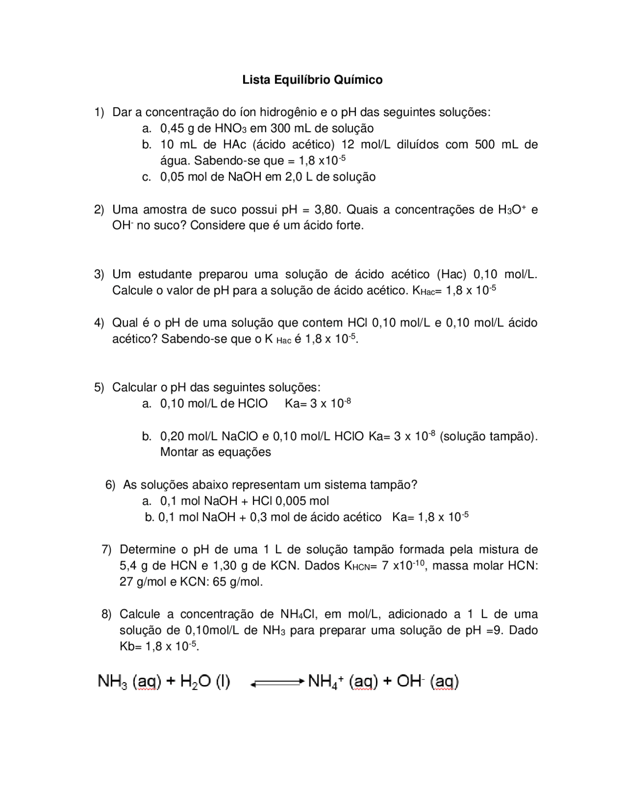 Lista De Exercícios Equilíbrio Químico Resolvidos - FDPLEARN
