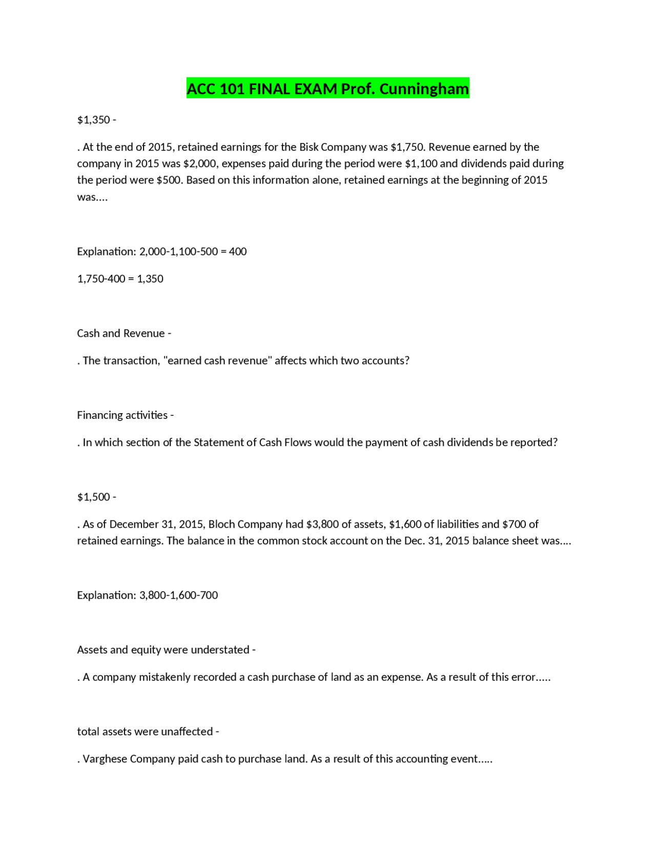 ACC 101 Final Exam Review | Exams Advanced Accounting | Docsity