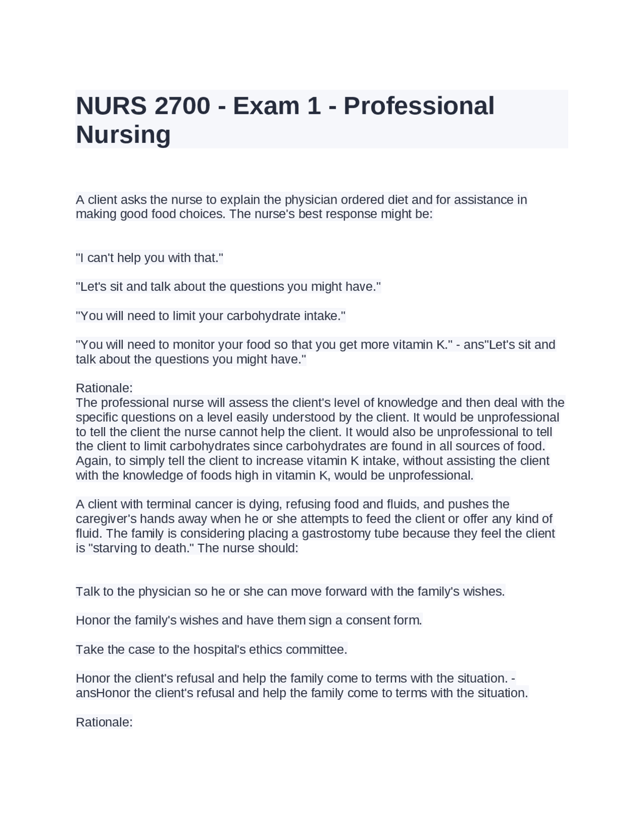 Professional Nursing Exam Questions and Answers | Exams Nursing | Docsity