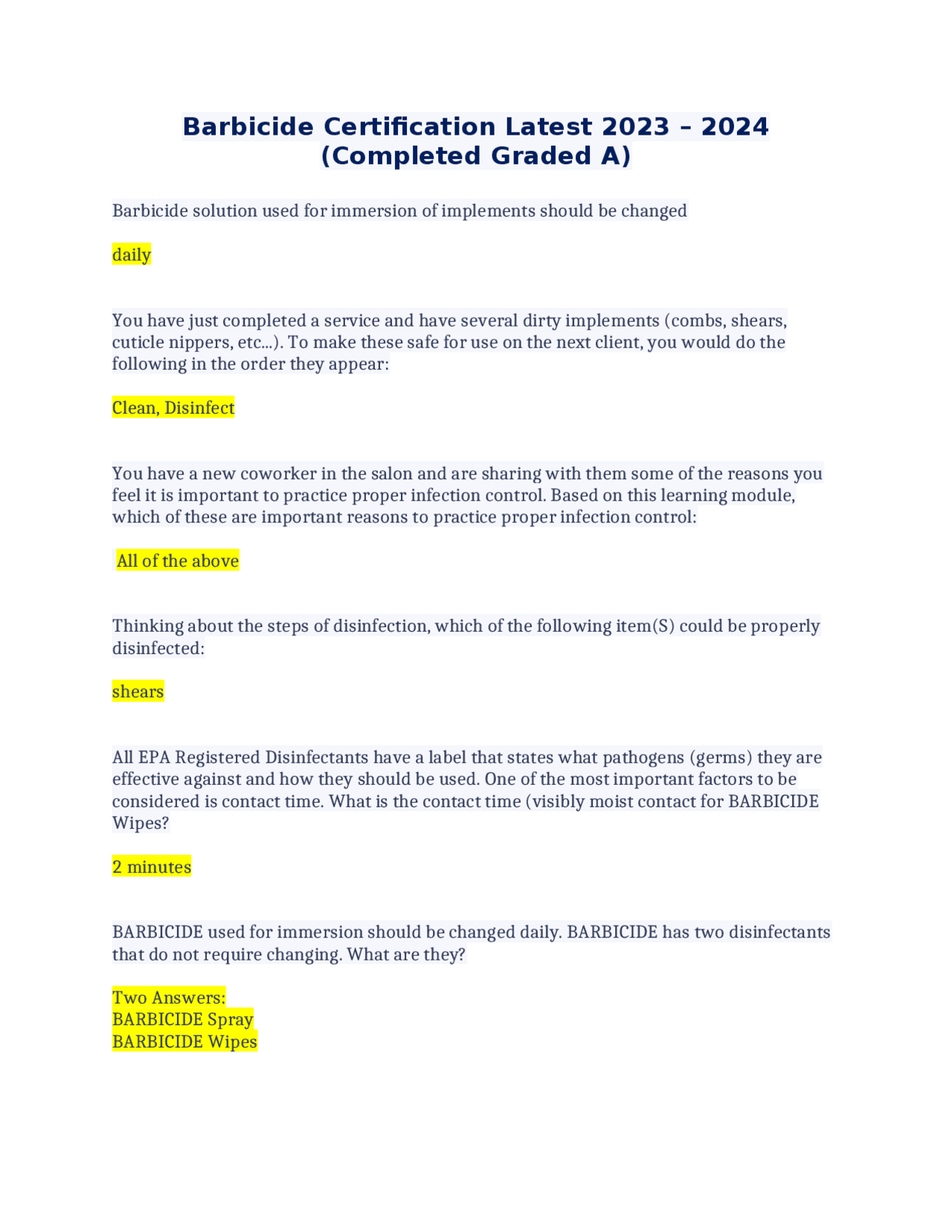 Barbicide Certification Latest 2023 – 2024 (Completed Graded A
