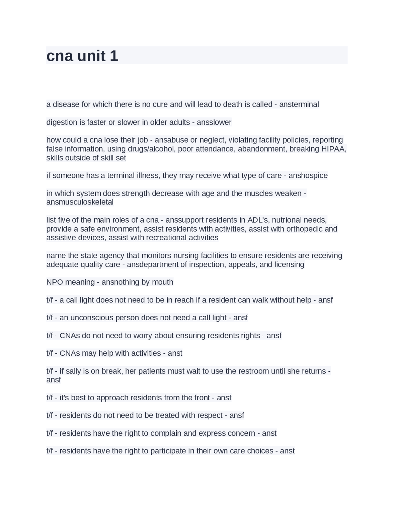 cna unit 1 highly graded 2024 | Exams Nursing | Docsity