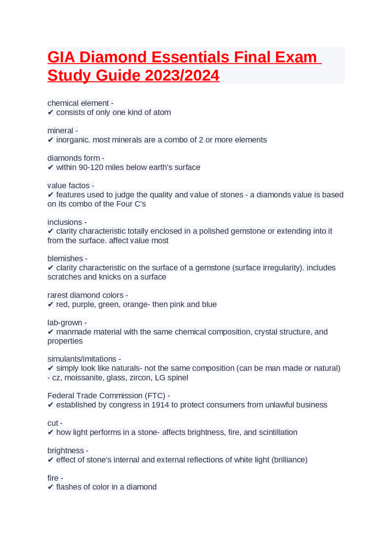 GIA Diamond Essentials Final Exam Study Guide 2023 2024 | Exams Biology ...